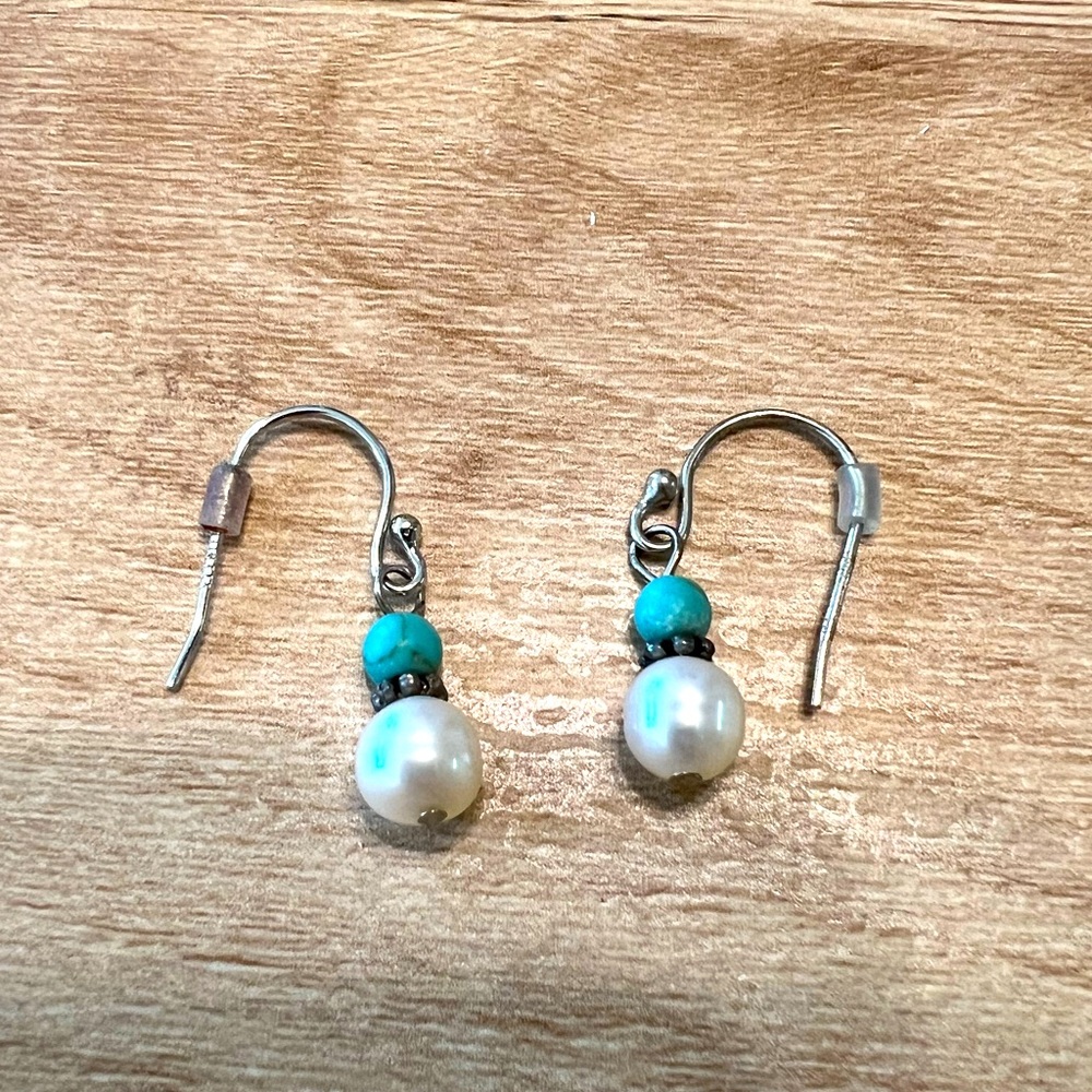 Pearl and turquoise silver dangle earrings